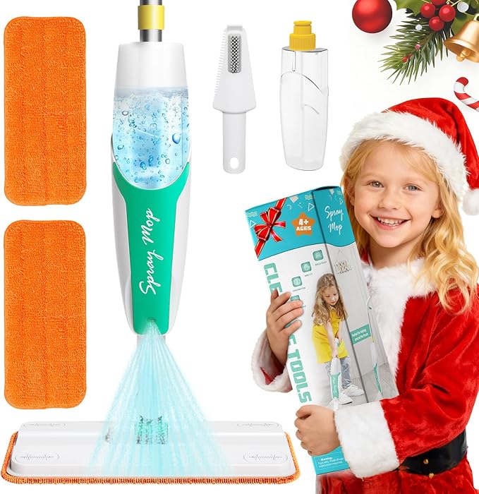 Kids Spray Mop Toy – Toddler Cleaning Set with Real Water Sprayer, Microfiber Mop Pads & Scraper – Pretend Play Montessori Cleaning Toys Gift for Preschool Toddlers Kids Boys and Girls