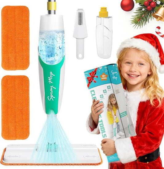 Kids Spray Mop Toy – Toddler Cleaning Set with Real Water Sprayer, Microfiber Mop Pads & Scraper – Pretend Play Montessori Cleaning Toys Gift for Preschool Toddlers Kids Boys and Girls
