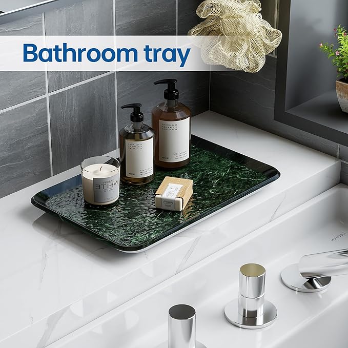 Vanity Decorative Tray, 12" x 8" Green Marble Pattern Perfume Tray, Bathroom & Countertop Organizer for Soap, Jewelry, Candle