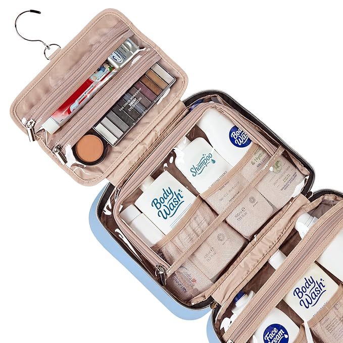 NISHEL Travel Toiletry Bag for women, Portable Hanging Organizer for Full-Sized Shampoo, Conditioner, Brushes Set, Makeup Accessories, Large Size, Placid-Blue