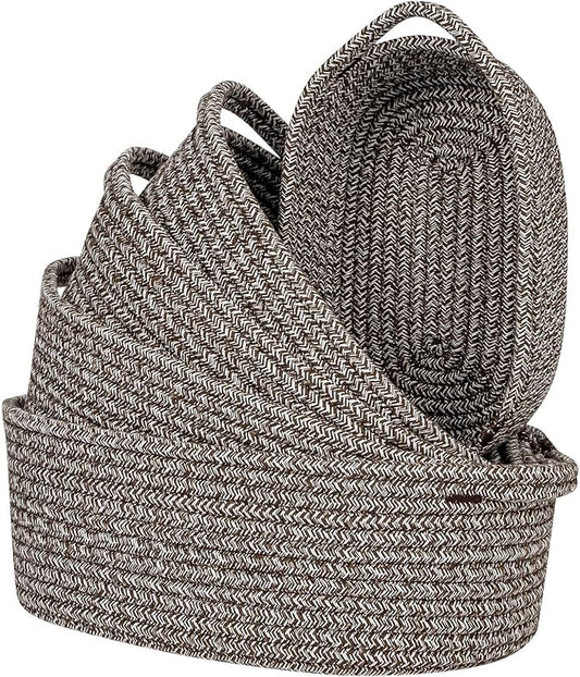CubesLand Small Cotton Rope Storage Basket Set 5, Shelves Baskets for Organizing with Handle, Decorative Closet Storage Bins for Countertop Toilet Paper Basket for Toilet Tank Top,Mixed Brown Basket