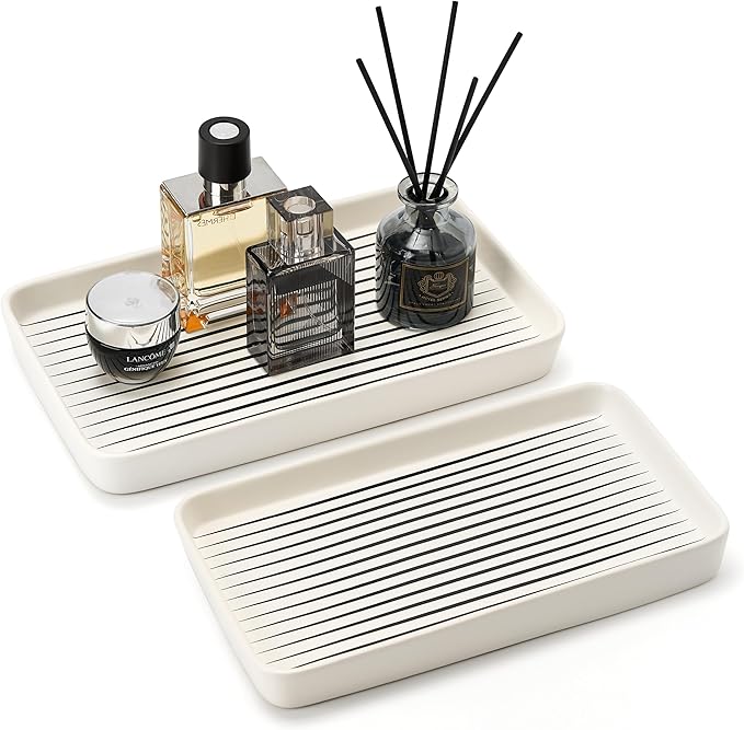 Bathroom Vanity Tray for Countertop,2PC Rectangle Striped Tray,Decorative Bathroom Organizer for Scrubber, Lotion Bottles, Perfume, Jewelry, Candle, Key Trinket Ring(Large,White)