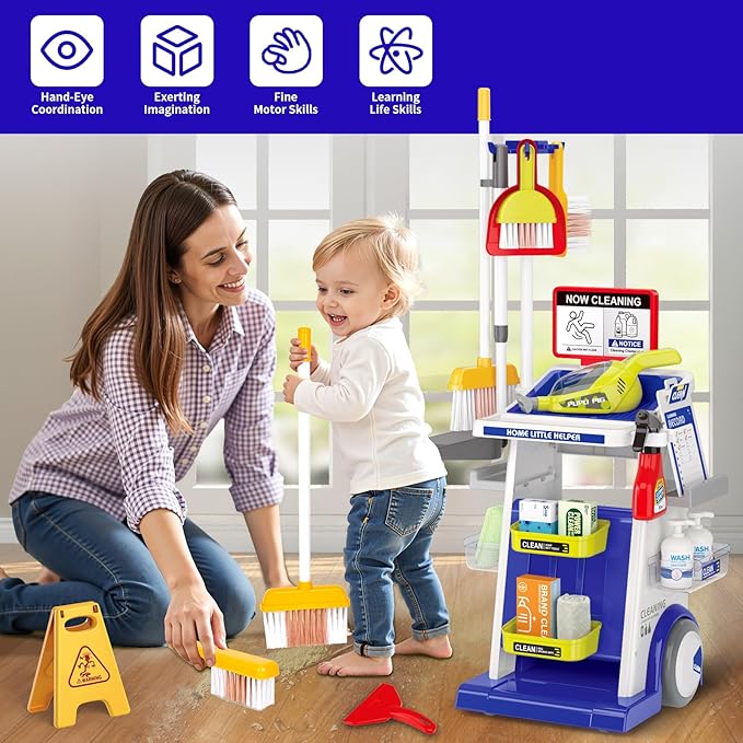 Kids Cleaning Toy Set, Toddler Cleaning Set, Pretend Play Cleaning Toys with Handheld Vacuum That Really Works,Cleaning Supplies,Cleaning Cart for Kids Toddler Christmas Birthday Gift(Blue)