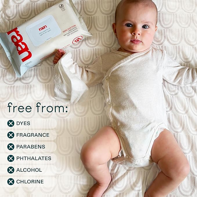 Raan, 100% Cotton Baby & Toddler Wipes, Unbleached, 99% Purified Water, Unscented, EWG verified, Made for Sensitive Skin, Extra Soft and Durable, 8 pack, 480 Count
