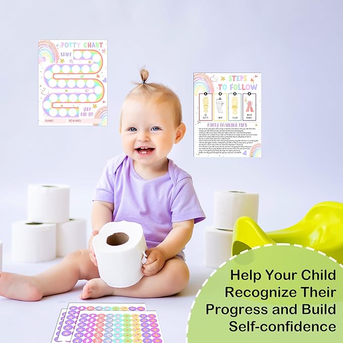 Potty Training Chart, 10 Potty Training Reward Chart for Toilet Success, 8"x10" Boho Rainbow Routine Calendar with Stickers for Toddler Girls - A11