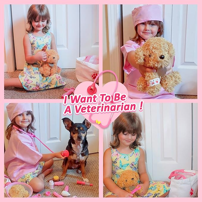 Liberry Doctor Kit for Toddlers Age 3 4 5 6, 26 Pcs Kids Doctor Playset with Dog Toy, Stethoscope and Dress Up Costume, Pretend Play Medical for Girls, Pink