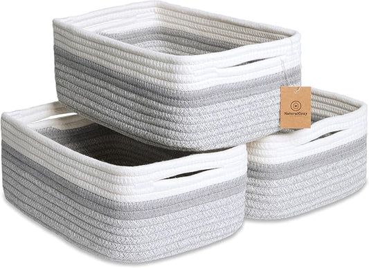 NaturalCozy 11.8"x8"x4.5” Storage Baskets for Shelves 3 Pack | Cotton Rope Woven Small Baskets for Organizing | Small Storage Bins for Nursery, Bathroom, Closet, Cube Shelf, Decorative, Gift Basket