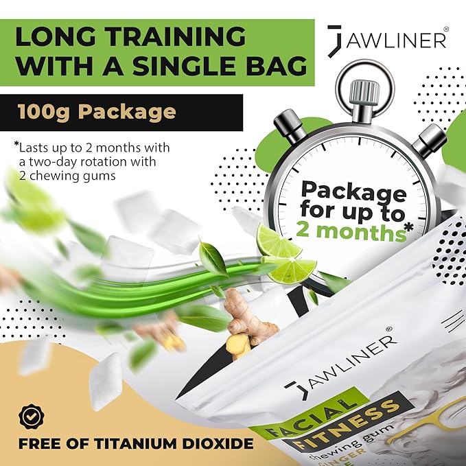 Jawliner® - Pioneers the Toughest Handmade 15x Harder Jawline Gum Includes 12 Weeks Coaching - Sugar-Free Ginger Lime Hard Gum - Jawline Exerciser for Mewing - Chewing Gum Shaping Jaw (2 Months Pack)
