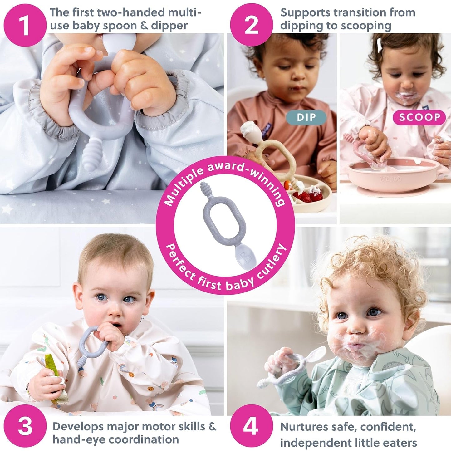 Bibado - Dippit Baby Spoon and Dipper, Mist (2-Pack) - Soft, Chewable Dipper & Deep Spoon - Two-Hand, Sensory Grip - Toddler Utensils - Baby Led Weaning Supplies - Baby Essentials - 6 Months+