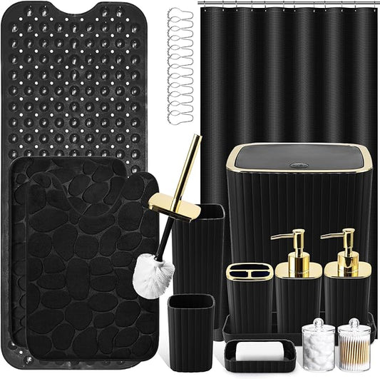 26PC Bathroom Accessories Set - Gorgeous Black Bathroom Set, Bathroom Accessory Set, Black Shower Curtain Set with Bathtub Mats for Shower Tub