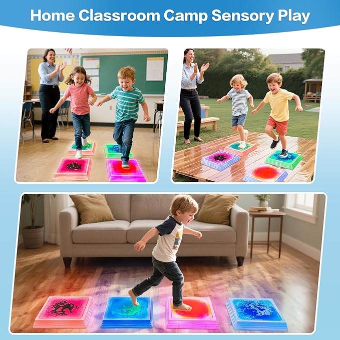 Light Up Sensory Floor Tiles for Kids - 12x12 Inch Liquid Sensory Play Mat with 7 Colors Led Lights, Non-Slip Puzzle Mat for Home and Classroom, Autism Sensory Toys for Toddlers Ages 3-7 (Pack of 4)