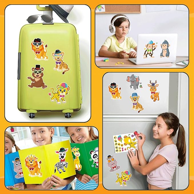 48 Sheets Make Your Own Safari Animal Stickers for Kids Ages 3+, Make-a-face Stickers, Jungle & Zoo Party Favors Supplies, Classroom Teacher Reward