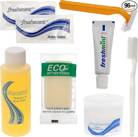 Moda West 96 Kits - Bulk Case of Wholesale Basic Toiletry Bathroom Kits for Men, Women, Travel & Charity, Shampoo, Toothpaste, Deodorant & More, Perfect for Homeless Shelters & Airbnb Donation
