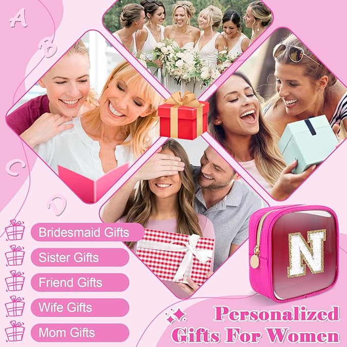 Personalized Initial Letter Clear Preppy Makeup Bag,Mini Nylon Chenille Letter Cosmetic Bag Cute Zipper Pouch Coin Purse for Teen Girls,Portable TSA Approved Travel Essentials Bag Gift for Women,N