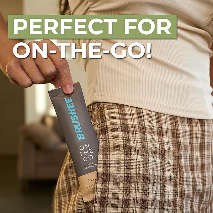 Brushee - 12 Pack Bamboo Toothbrushes Kit - 3-in-1 Travel Toothbrush with Flosser - Soft Eco-Friendly Disposable Toothbrushes with Toothpaste Fresh Mint Flavored - Individually Wrapped for Travel