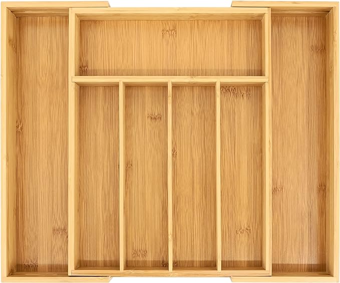 VaeFae Bamboo Drawer Organizer, Expandable Silverware Drawer Organizer, Cutlery Tray with Dividers for Kitchen Utensils, Medium