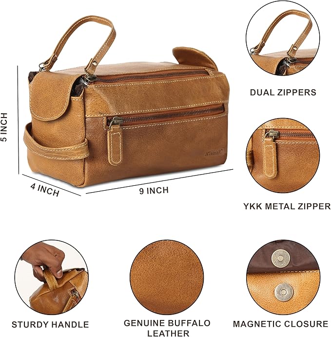 KomalC Premium Buffalo Leather Toiletry Bag for Men & Women – Leather Dopp Kit With Water resistant Lining, Premium Toiletry Travel Pouch, Unisex Wash Bag for Toiletries, Gifts for Men and Women