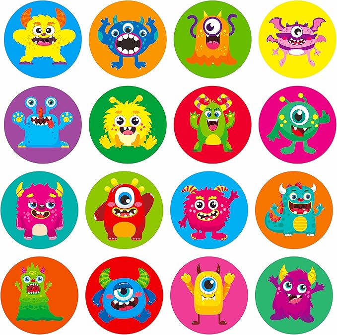 600 PCS Cartoon Monster Stickers for Kids, Party Decoration Teacher Reward Encouragement Motivational Decals 16 Designs Value Pack (1.5" in Diameter)