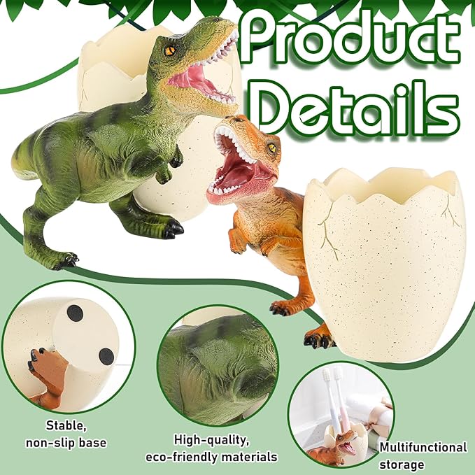Eaasty 2 Pcs Dinosaur Kids Toothbrush Holders Toothbrush Organizer Funny Dino Resin Cup for Bathroom Easy to Clean Pen Holder Gift Birthday Children's Day Christmas