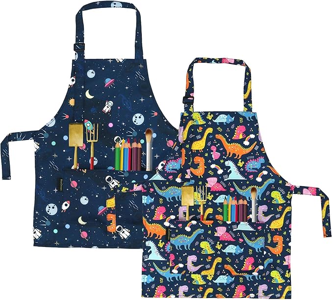 BeeGreen Kids Cooking Aprons w Adjustable Strap Kitchen Aprons w Front Pocket for Kids Toddler Painting Baking Artist