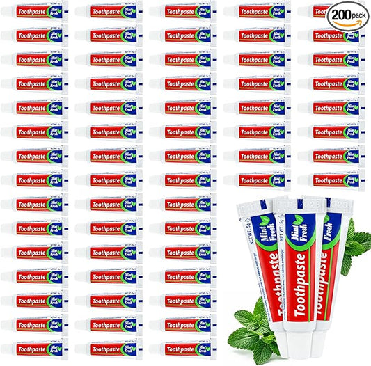 200 Tubes Bulk Travel Size Mini Toothpaste, 0.176oz Disposable Mint Flavor Pocket Teeth Paste Small Essential Toothpaste for Travel, Home/Hotel/Guests/Charity/Homeless/Camping Oral Care (Single Use)