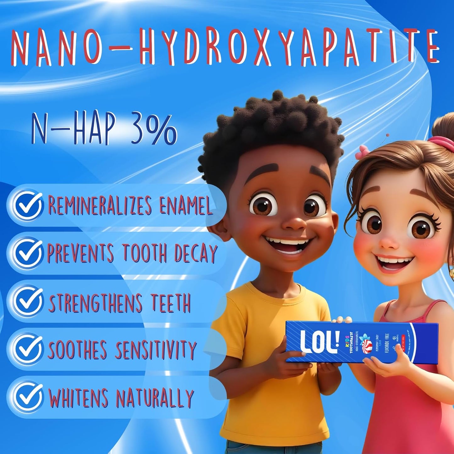 LOL Kids Toothpaste 3-Flavors Pack | Nano Hydroxyapatite Toothpaste, Probiotics, Vitamins A, C, E | Safe if Swallowed, No SLS | 1 Peppermint, 1 Cinnamon, & 1 Melon Flavor