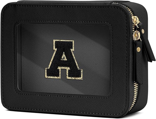 Initial Travel Toiletry Bag - Cosmetic Bags for Girls with Zipper, Clear & Potable Makeup Bag for Travel, Cosmetic Pouch Perfect Gifts for Graduation (Black, A)