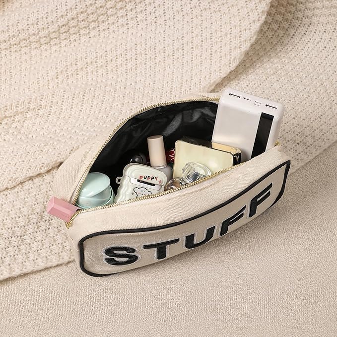 3Pcs Canvas Rx MEDS STUFF Packages, Cute Chenille Letter Patch Drug Makeup Bag with Metal Zipper, Mini Travel First Aid Purse Organizer Machine Washable (3Pcs Bags)