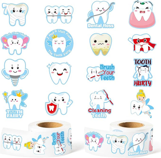 CJiangpo 1000Pcs Tooth Roll Stickers, Funny Dental Tooth Fairy Sticker Decals for Laptop Water Bottle Scrapbook DIY Crafts, Baby Shower Birthday Party Decoration Gift for Boy Girl