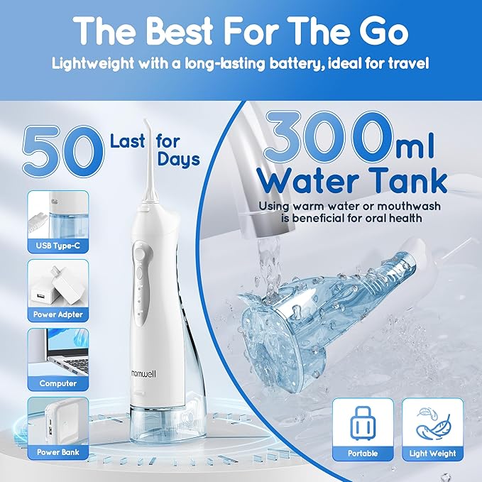 Mornwell Water Dental Flosser Teeth Pick for Teeth, Portable Cordless Water Flossers Oral Irrigator with 10 Intensity 4 Jet Rechargeable IPX7 Waterproof Water Tank Flosser Electric Travel (White)