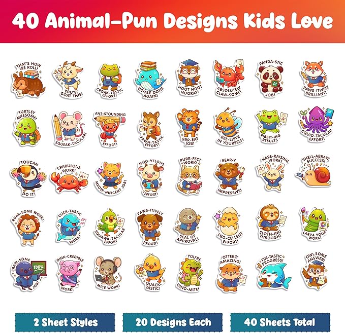 Animal Pun Reward Stickers – 800 Cute Incentive Stickers for Kids, 40 Unique Designs, Classroom & Homeschool Rewards, Homework & Behavior Charts