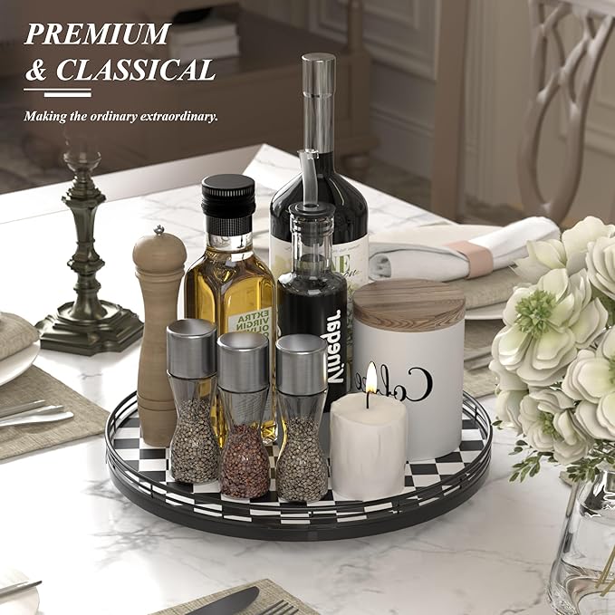 Black and White Kitchen Lazy Susan Turntable – Checkered Round Decorative Tray, 13” Table Top Oak Wood Lazy Susan for Cookies, Dining Table Organizer, Small Kitchen Table Centerpiece