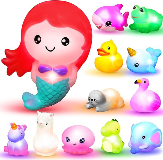 JOYIN 12 PCS Light Up Bath Toys, Toddler Flashing Colourful LED Bathtub Mermaid Toy, Baby Bathtime Floating Rubber Shower Gifts for Infant Kids Boy Girl Valentines Easter Gifts Swimming Pool Party