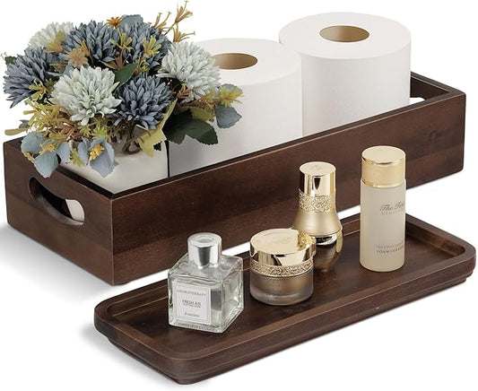 Handmade Toilet Tank Basket Topper & Vanity Tray Set of Natural Acacia Wood by DEMIGO, Created by Skilled Artisans, Smooth, Durable, Attractive Decor for Bathroom, Kitchen, Home, Spa (Dark Brown)