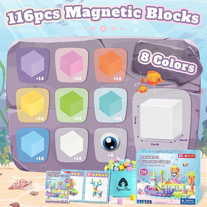 116 PCS Magnetic Blocks Set, 1" Magnet Building Blocks with Toy Eyes and Storage Bag for Kids Gifts, STEM Educational Preschool Sensory Toys for Toddlers Boys Girls Ages 3 4 5 6 7 8 + (Macaron Color)