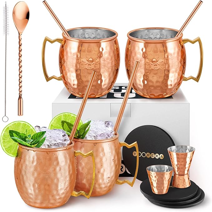 Gift Set Moscow Mule Mugs Set of 4 16 oz Copper Plated Stainless Steel 4 Straws 4 Coasters Jigger Shot Glass Stirring Spoon, Cleaning Brush