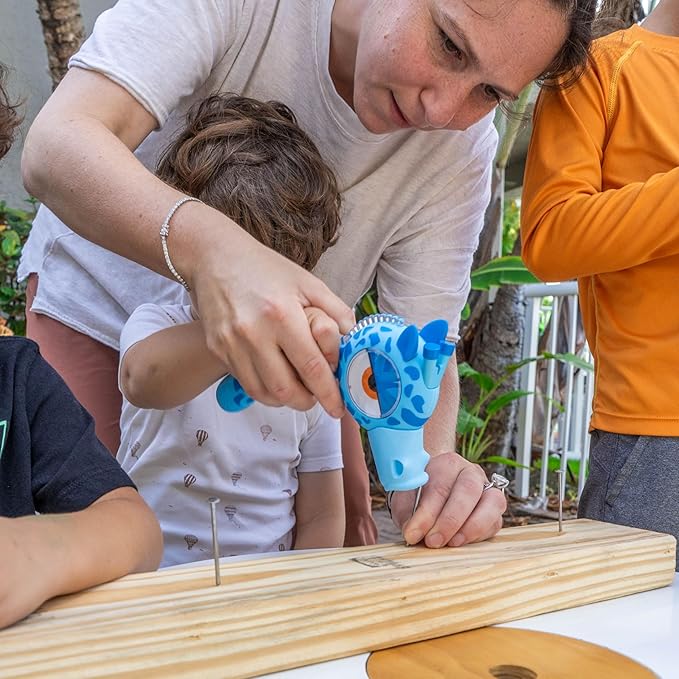 Handy Famm Real Metal Blue Giraffe Hammer for Kids, Patented Safety Mouth Sleeve and Nail Remover, STEM DIY Tool for Children Ages 5 and Up