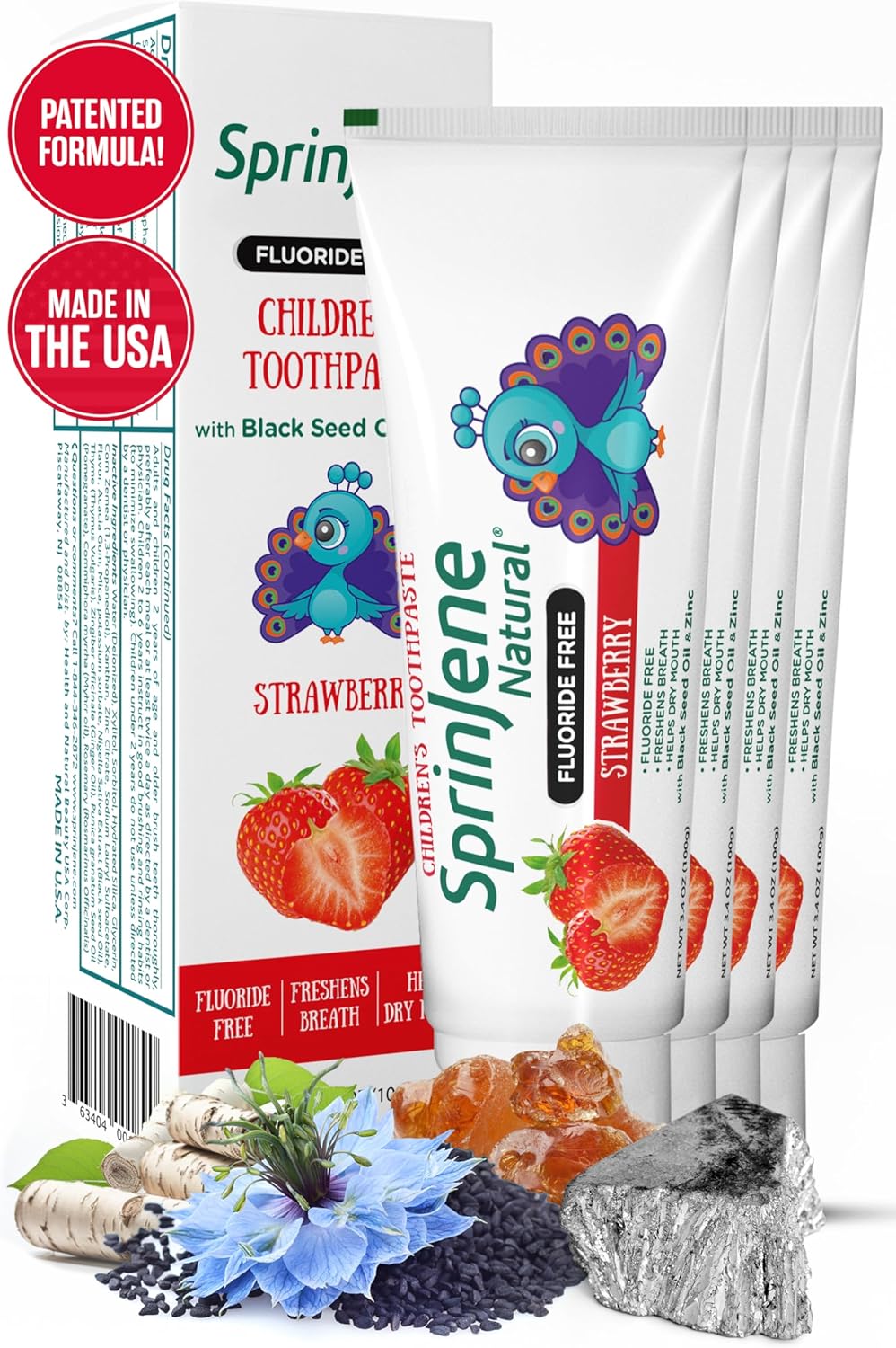 SprinJene Natural Children’s Toothpaste – Fluoride Free Strawberry Toothpaste for Toddlers & Kids – Gentle Safe Natural Formula with Patented Black Seed Oil & Zinc – Made in The USA (4 Pack)