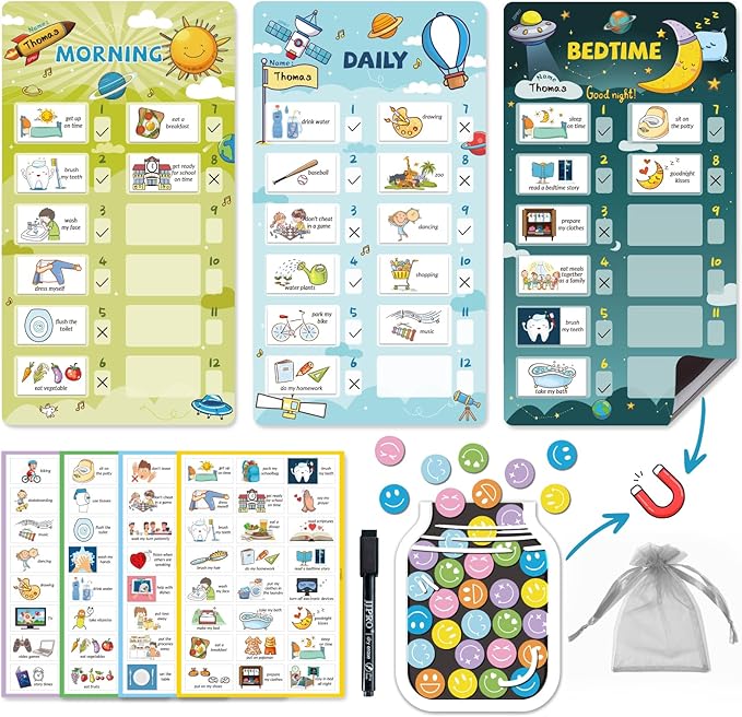JJPRO Magnetic Bedtime/Morning/Daily Routine Chart for Kids with Reward Jar-Magnetic Chore Chart for Kids, Daily Visual Schedule Board for Toddlers, Bedtime Checklist Reward Jar-Outer Space