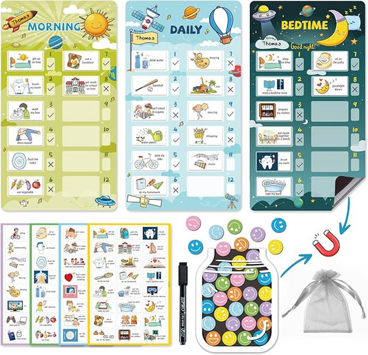 JJPRO Magnetic Bedtime/Morning/Daily Routine Chart for Kids with Reward Jar-Magnetic Chore Chart for Kids, Daily Visual Schedule Board for Toddlers, Bedtime Checklist Reward Jar-Outer Space