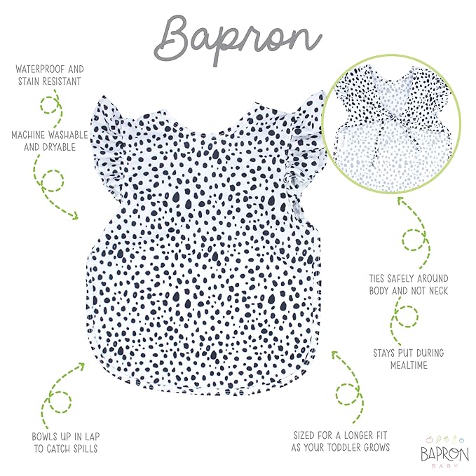 BapronBaby Flutter Organic Dot Bapron - No Neck Tie Safer Bib for Baby & Toddler - Soft Waterproof Stain Resistant - Machine Washable - Sz Baby/Toddler 6m-3T