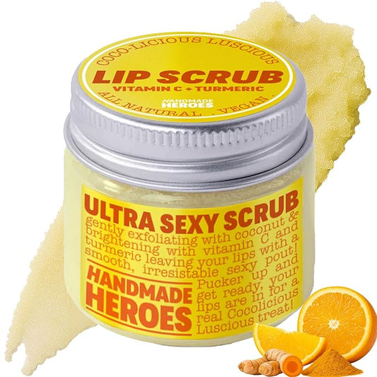Handmade Heroes Turmeric Lip Scrub with Vitamin C – 100% Natural Vegan Exfoliant for Dark Dry Chapped Lips – Deep Conditioning Sugar Polish 1oz