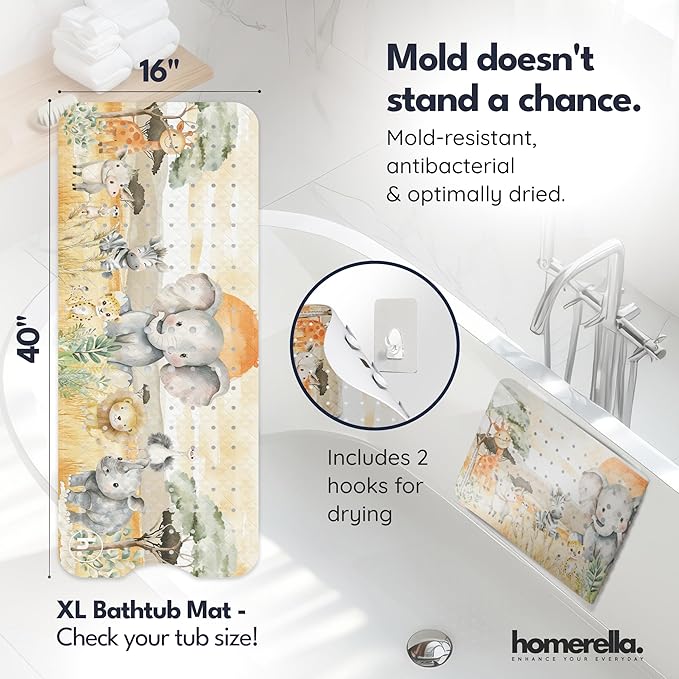 Bath Tub Mat Non Slip Anti Mold for Kids BPA Free INCL Hooks - homerella® Ocean Sea Animals 40x16, Baby Bath Mat Non Slip 200 Suction Cups, Non Toxic Machine Washable Toddler Bath Mat, EU Certified