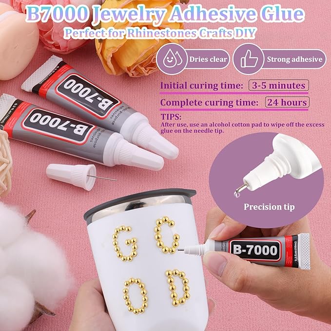 Nail Art Flat Back Half Round Pearl Kits, Mixed Sizes 6000 Pcs with B7000 Jewelry Glue Gold Small Pearls for Nails with Picking Tools for Graduation Cap Decorations Home DIY Body Face Craft Use