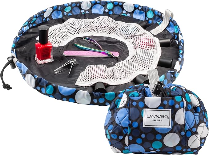 Lay-n-Go NailSpa Drawstring Cosmetic Bag - Portable Nail Supplies Organizer Bag w/ 8 Elastic Mesh Pockets & Circular Center - Durable, Machine Washable Nail Kit Organizer (18", Blue Polka Dot)