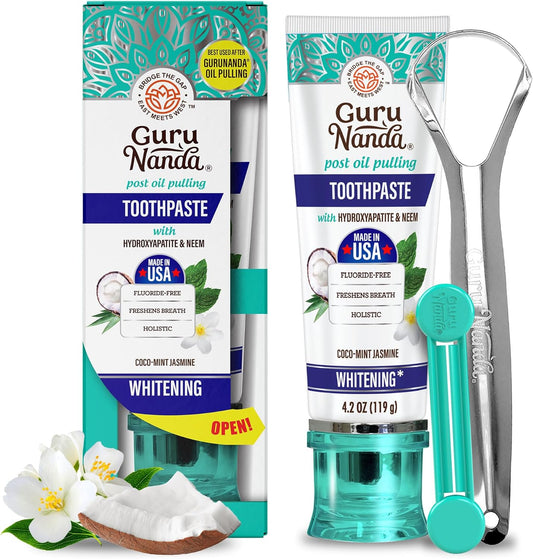 GuruNanda Hydroxyapatite Toothpaste, SLS & Fluoride Free, Whitening Toothpaste with Tongue Scraper & Squeezer - Freshens Breath, Fights Plaque - Natural CocoMint Jasmine Neem, 4.2oz