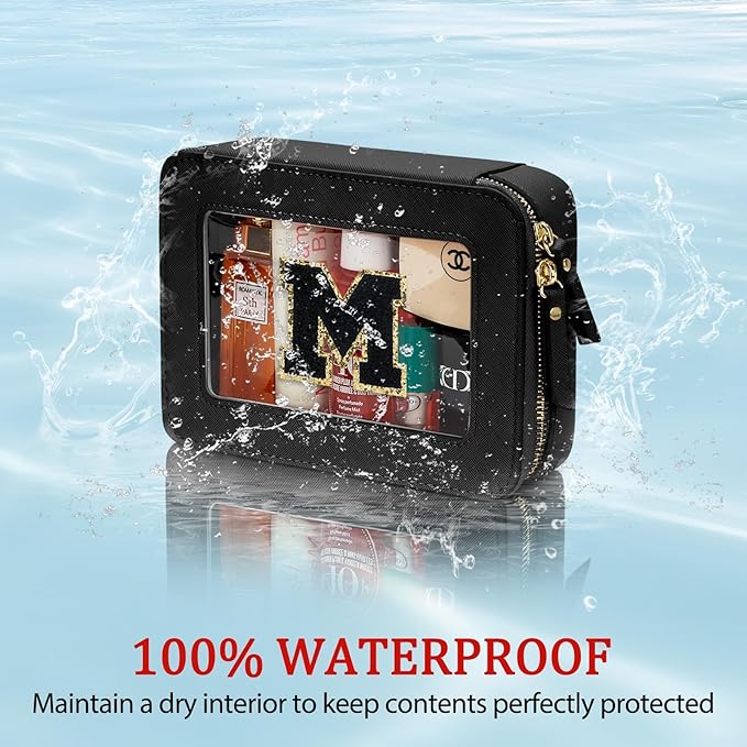 Initial Travel Toiletry Bag - Cosmetic Bags for Girls with Zipper, Clear & Potable Makeup Bag for Travel, Cosmetic Pouch Perfect Gifts for Graduation (Black, M)