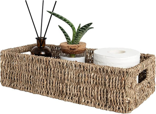 StorageWorks Seagrass Baskets with Built-in Handles, Bathroom Decor Box for Toilet Tank Top, 14 ¼"L x 6 ½"W x 3 ¾"H