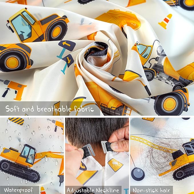 Gealaek Kids Haircut Cape and Neck Duster Brush Set with Construction Site Pattern Kids Barber Cape 55x40 Inches for Boys & Girls Salon Cape Kit (White)