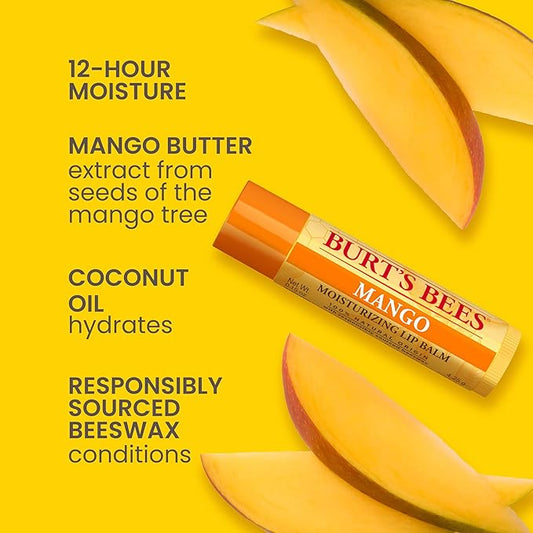 Burt's Bees Lip Balm - Pink Grapefruit, Mango, Coconut & Pear, and Pomegranate Pack, Lip Moisturizer With Beeswax, Tint-Free, Natural Origin Conditioning Treatment, 4 Tubes, 0.15 oz.